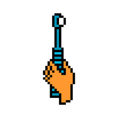 Pixel art blue electric toothbrush in a hand isolated on white background. 8 bit dental care symbol. Oral hygiene icon. Old school vintage retro 80s, 90s 2d computer, video game, slot machine graphics