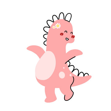 A cute pink dinosaur cartoon character flat vector illustration isolated on white background. Girly dino cute character for kids. Cute animal for kids T-shirt, scrapbook, pattern. © konohanj