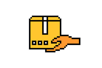 8 bit pixel art hand holding mailing box isolated on white background. Package delivery icon. Post service symbol. Old school vintage retro 80s, 90s 2d computer, video game, slot machine graphics.
