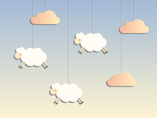 White dreaming sheeps flies in the clouds in paper cut style