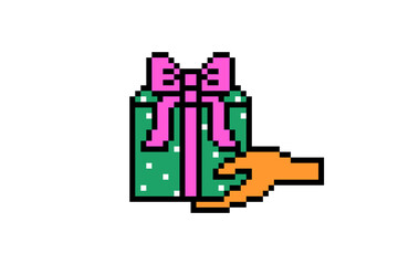 Hand holding a surprise gift box decorated with wrapping paper and ribbon bow, 8 bit pixel art icon isolated on white. Old school vintage retro 80s, 90s 2d computer, video game, slot machine graphics.