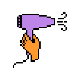 8 bit pixel art hand holding purple hair dryer symbol isolated on white background. Beauty salon styling device icon. Old school vintage retro 80s, 90s 2d computer, video game, slot machine graphics.
