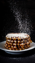 White plate with homemade Belgian waffles, on top of poured sifting of powdered sugar on black background, very tasty snack. sugar over old wooden table. Dark rustic style. copy space for text