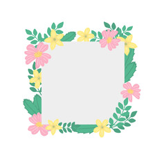 Cute yellow and pink flowers frame illustration. Flowers and leaves frame template for postcards or invitation.