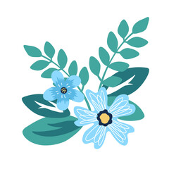 Vector composition of flowers and leaves. Colorful flowers and green leaves in isolated illustration. Hand drawn decor elements.