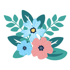 Colorful composition of vector flowers. Green leaves and flowers isolated illustration. Hand drawn decorative elements.