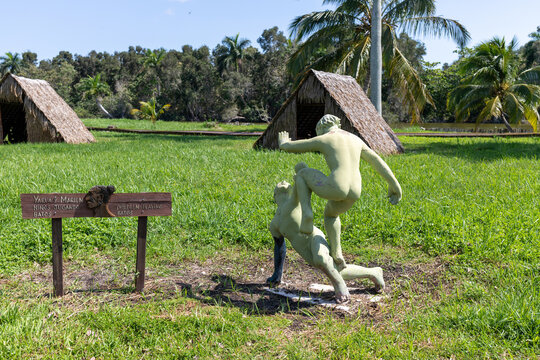 Province of Matanzas, Cuba - May 20, 2021: Indian Village Guam. Cienaga de Zapata. Indigenous statues of Cuba depict everyday life