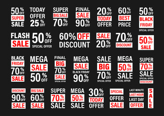 Fototapeta premium Set labels with inscription sale. Vector flat illustrations. Ad or promo. Shopping concept. Promotion price label mega sale, shop now, special discount, big sale, limited time only, last chance.