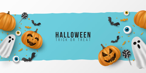 Happy Halloween banner. 3d emotional, cartoon, smiling pumpkins with eyes, sweets, lollipops, flying bats, ghost on blue background. Party invitation cover. Vector