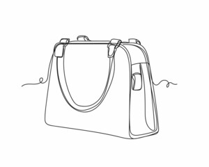 Continuous one line drawing of woman bag icon in silhouette on a white background. Linear stylized.