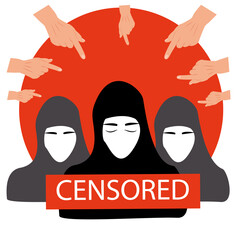 Muslim woman in hijab .Problem of rights and is censored. Female victim of gender-based inequality, abuse and aggression. Suffering from physical and mental violence,  harassment, spousal assault. 