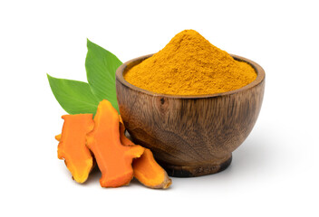 Turmeric (curcumin ) powder and rhizomes (root) with leaves isolated on white backgrounds, herbal...