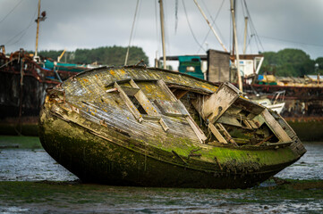 Old abandoned shipwrecks on the river bank