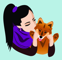 Girl hugs pet, cute puppy, vector illustration, minimalism 