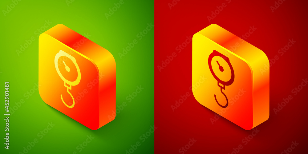 Poster isometric hand scale spring mechanical icon isolated on green and red background. square button. vec