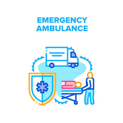 Emergency Ambulance Vector Icon Concept. Emergency Ambulance Paramedic Team Moving Patient On Stretcher In Car For Transportation To Clinic. First Aid And Treatment Color Illustration