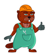 Beaver character in work overalls and protective helmet, cartoon, vector, mascot 
