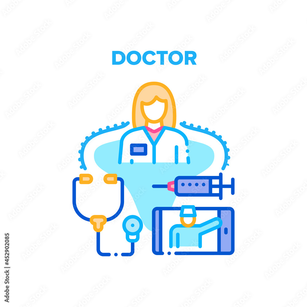 Wall mural Doctor Worker Vector Icon Concept. Woman Doctor Worker With Stethoscope Tool For Examination Patient And Syringe For Make Injection With Medicaments. Online Consultation Phone App Color Illustration