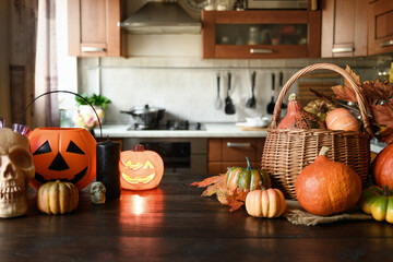 Cozy kitchen with pumpkins for Thanksgiving day or Halloween cooking and preparations.