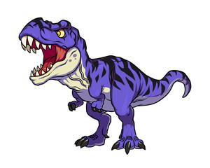 Purple t rex dinosaur dino cool t-rex style 2D chibi illustration raptor art for sport logo, tshirt design, printing and esport team mascot.