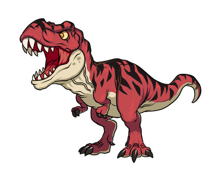 Red t rex dinosaur dino cool t-rex style 2D chibi illustration raptor art for sport logo, tshirt design, printing and esport team mascot.