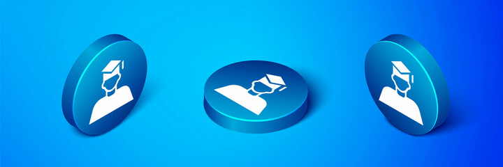 Obraz premium Isometric Graduate and graduation cap icon isolated on blue background. Blue circle button. Vector