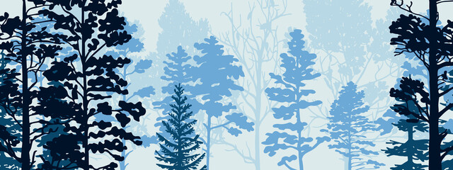 Horizontal banner of forest background, silhouettes of trees. Magical misty landscape, fog. Blue illustration. Bookmark. 