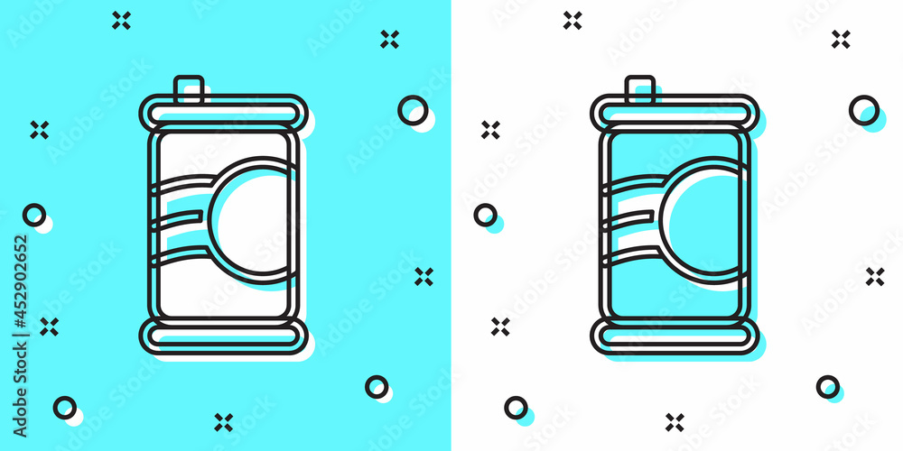 Poster black line soda can icon isolated on green and white background. random dynamic shapes. vector