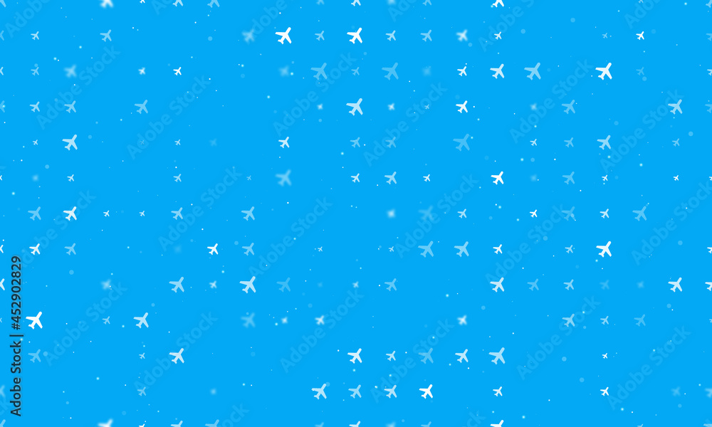 Poster seamless background pattern of evenly spaced white plane symbols of different sizes and opacity. vec
