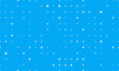 Seamless background pattern of evenly spaced white plane symbols of different sizes and opacity. Vector illustration on light blue background with stars