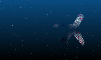 On the right is the plane symbol filled with white dots. Background pattern from dots and circles of different shades. Vector illustration on blue background with stars