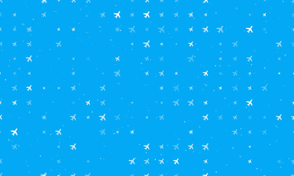 Seamless Background Pattern Of Evenly Spaced White Plane Symbols Of Different Sizes And Opacity. Vector Illustration On Light Blue Background With Stars