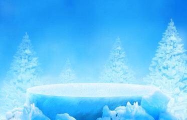Ice podium with pine trees background for mockup display or presentation of products. Advertising concept.