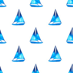 Samless pattern of watercolor illustrations with blue silhouette of sails.