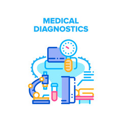 Medical Diagnostics Vector Icon Concept. Medical Diagnostics Professional Equipment For Patient Examination, Mri Electronic Machine And Blood Measuring Tool. Laboratory Microscope Color Illustration