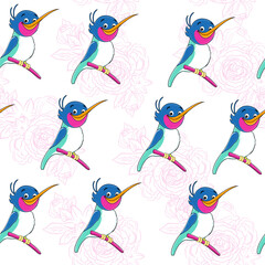 Beautiful hummingbird bird and flower in one line. Vector cartoon illustration. Funny summer animals seamless pattern on a white background