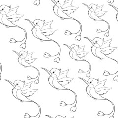 Cute bird one line coloring book for children seamless pattern. Vector illustration of funny animals for kids