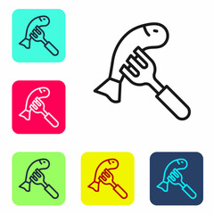Black line Served fish on a plate icon isolated on white background. Set icons in color square buttons. Vector