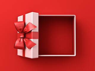 Blank white gift box open or top view of present box tied with red ribbon and bow isolated on red background with shadow minimal conceptual 3D rendering