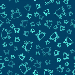Naklejka na ściany i meble Green line Crab icon isolated seamless pattern on blue background. Vector