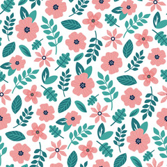 Cute pattern with pink flowers and leaves on white background. Elegant hand drawn flowers pattern. Isolated illustartion.
