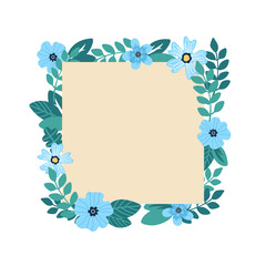 Cute frame of blue flowers. Vector illustration. Flowers frame template for postcards or invitation. Isolated on white.