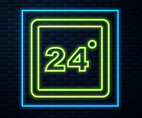 Glowing neon line Thermostat icon isolated on brick wall background. Temperature control. Vector