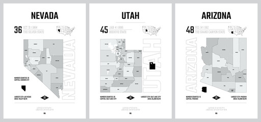 Highly detailed vector silhouettes of US state maps, Division United States into counties, political and geographic subdivisions of a states, Mountain - Nevada, Utah, Arizona - set 14 of 17