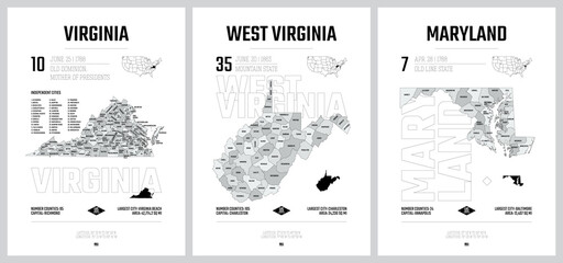 Highly detailed vector silhouettes of US state maps, Division United States into counties, political and geographic subdivisions, South Atlantic - Virginia, West Virginia, Maryland - set 8 of 17
