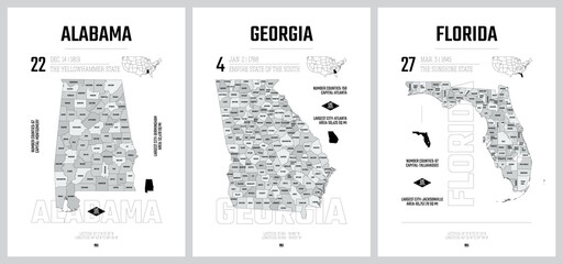 Highly detailed vector silhouettes of US state maps, Division United States into counties, political and geographic subdivisions, South Atlantic - Alabama, Georgia, Florida - set 10 of 17