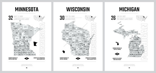 Highly detailed vector silhouettes of US state maps, Division United States into counties, political and geographic subdivisions, The Great Lakes region - Minnesota, Wisconsin,  Michigan - set 5 of 17