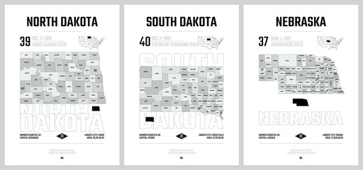 Highly detailed vector silhouettes of US state maps, Division United States into counties, political and geographic subdivisions - North Dakota, South Dakota, Nebraska - set 7 of 17 - obrazy, fototapety, plakaty