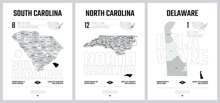 Highly detailed vector silhouettes of US state maps, Division United States into counties, political and geographic subdivisions, South Carolina, North Carolina, Delaware - set 9 of 17