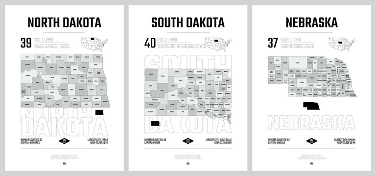Highly detailed vector silhouettes of US state maps, Division United States into counties, political and geographic subdivisions - North Dakota, South Dakota, Nebraska - set 7 of 17